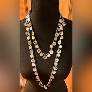 Elegant Silver Toned Sand Dollar and Abalone Like Shining Coin 52” Necklace Gift